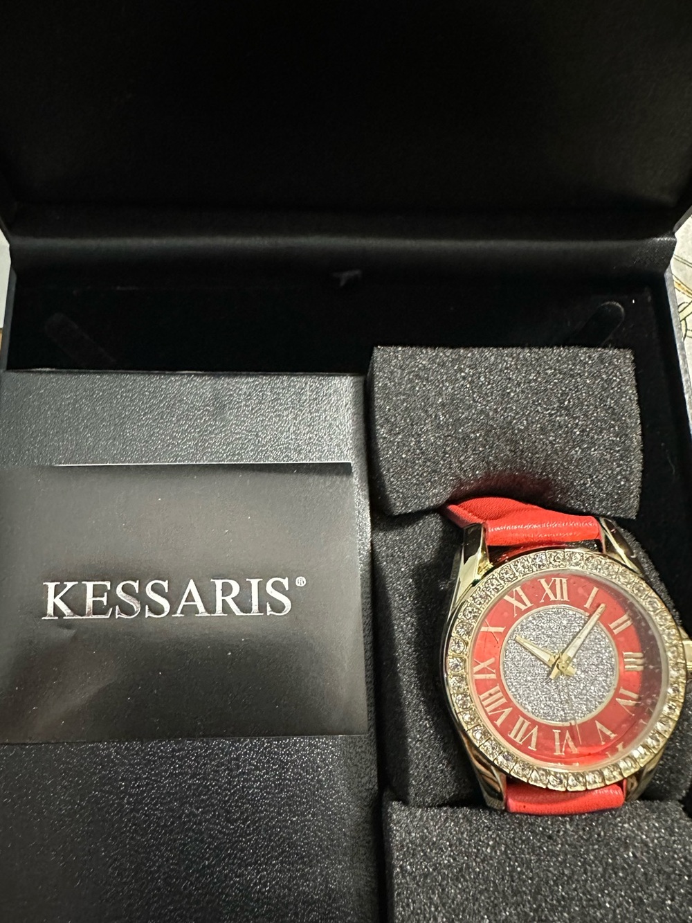 Kessaris Women's Red Leather Strap Watch with Crystal Accents
